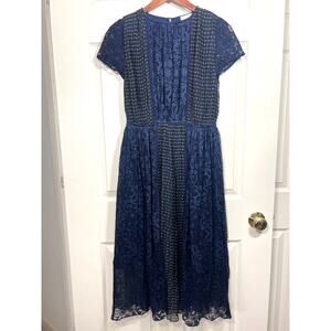 Anthropologie Foxiedox Women's Kitterby Lace Midi Dress Blue Gold Short Sleeve